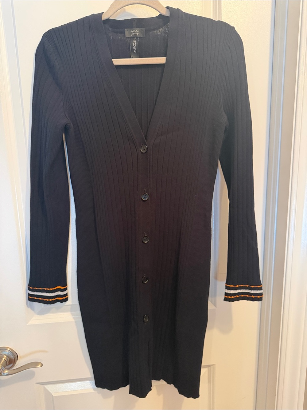 Marc Cain Black Ribbed Button-Front Long Cardigan with Contrast Cuff Stripes